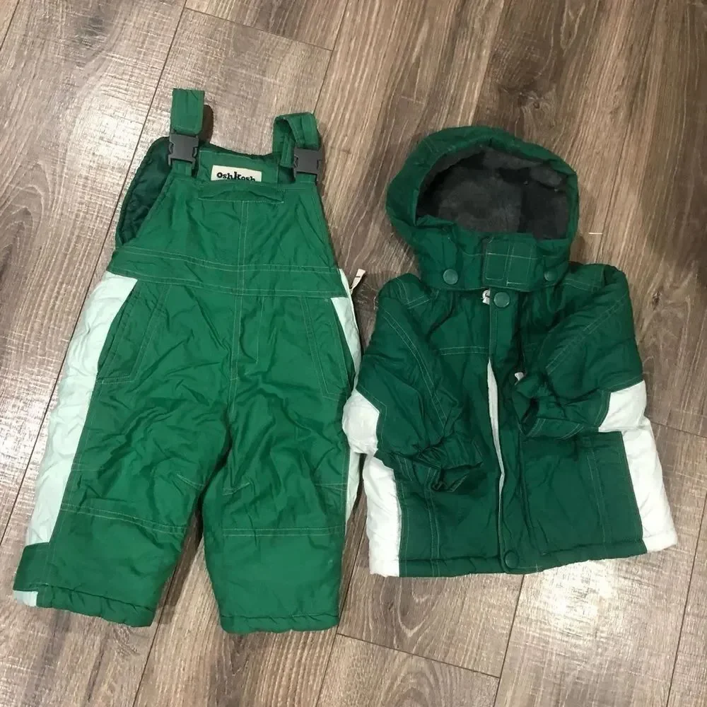 Boys OshKosh B'gosh Snowsuit Size 12M Forest Green and White Snow Set 2 Pieces